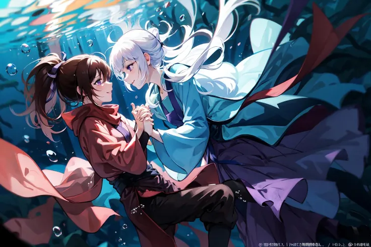 masterpiece, best quality, PIXIV,
fenglingyuxiu, underwater, long hair, ponytail, white hair, bubble, smile, 1girl, purple eyes, air bubble, 1boy, holding hands, looking at another, brown hair, black hair
<lora:fenglingyuxiu-000014:0.8>