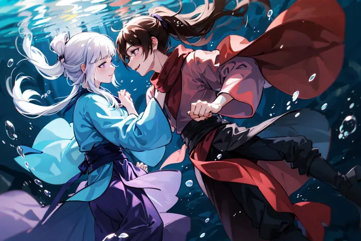 masterpiece, best quality, PIXIV,
fenglingyuxiu, underwater, long hair, ponytail, white hair, bubble, smile, 1girl, purple eyes, air bubble, 1boy, holding hands, looking at another, brown hair, black hair
<lora:fenglingyuxiu-000014:0.8>