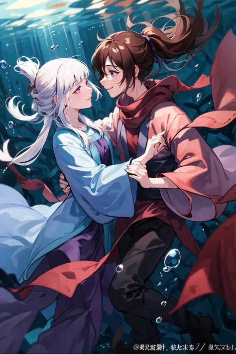 masterpiece, best quality, PIXIV,
fenglingyuxiu, underwater, long hair, ponytail, white hair, bubble, smile, 1girl, purple eyes, air bubble, 1boy, holding hands, looking at another, brown hair, black hair
<lora:fenglingyuxiu-000014:0.8>
