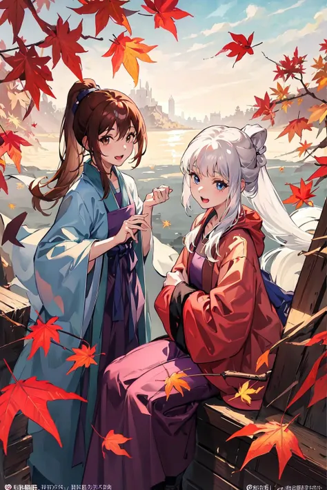 masterpiece, best quality, PIXIV,
fenglingyuxiu, brown hair, ponytail, long hair, 2girls, multiple girls, brown eyes, blue eyes, white hair, leaf, open mouth, looking at viewer, twitter username, autumn leaves, smile, sidelocks
<lora:fenglingyuxiu-000014:0.8>