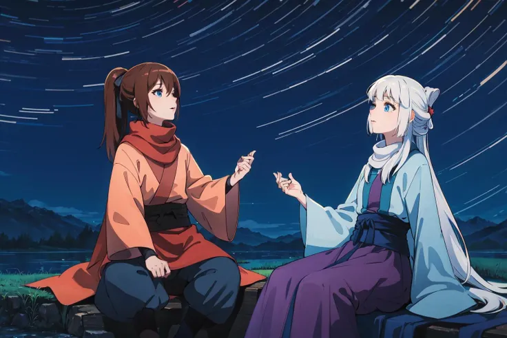 masterpiece, best quality, PIXIV,
fenglingyuxiu, night, sitting, long hair, sky, outdoors, scarf, ponytail, brown hair, night sky, Chinese cloth, 1boy, star \(sky\), 1girl, blue eyes, starry sky, 2girls, looking up
<lora:fenglingyuxiu-000014:0.8>