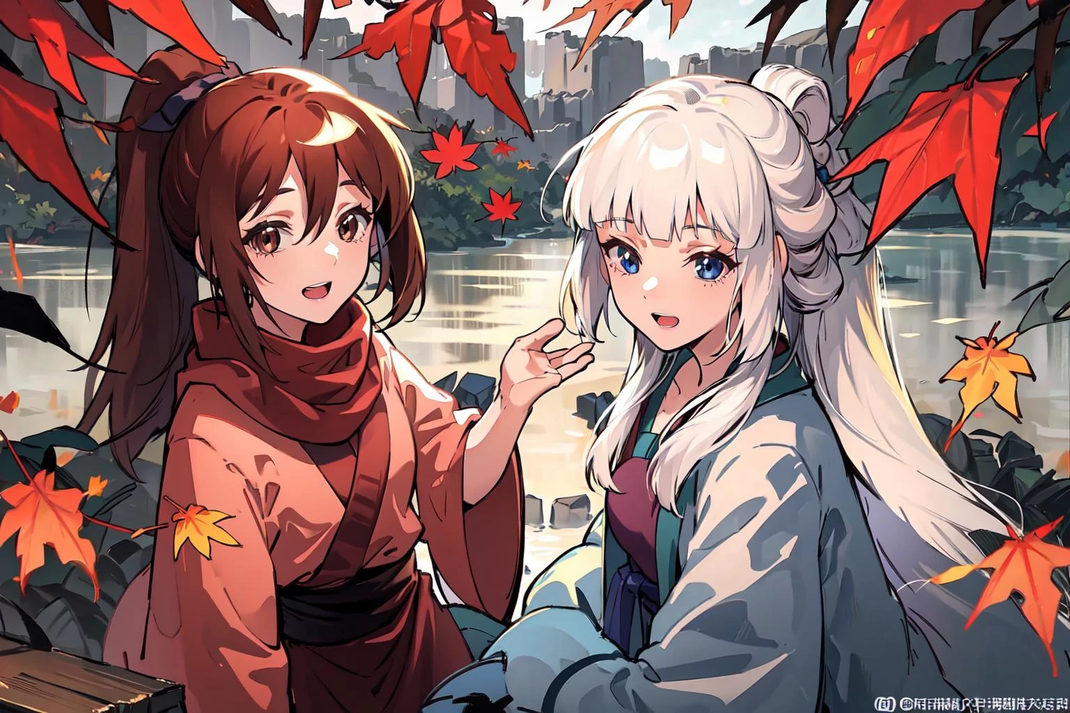 masterpiece, best quality, PIXIV,
fenglingyuxiu, brown hair, ponytail, long hair, 2girls, multiple girls, brown eyes, blue eyes, white hair, leaf, open mouth, looking at viewer, twitter username, autumn leaves, smile, sidelocks
<lora:fenglingyuxiu-000014:1>