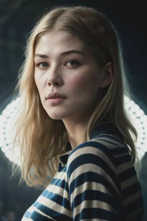 portrait photo of rosamundPi1 ,(blue and green striped shirt), (dirty blonde hair), alluring portrait, intricate, highly detailed, digital painting, artstation, concept art, naughty, sharp focus, cinematic lighting, illustration, art by artgerm and greg rutkowski, alphonse mucha, cgsociety