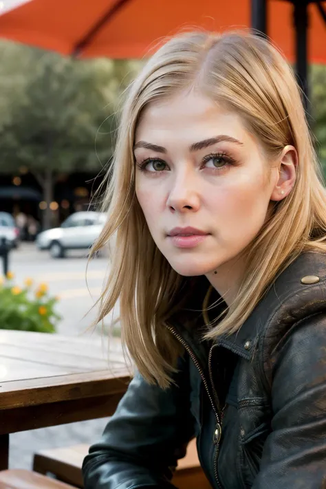 rosamundPi1 piercing eyes, looking straight, very happy, closeup portrait, in a outdoor cafe in 2015, afternoon light