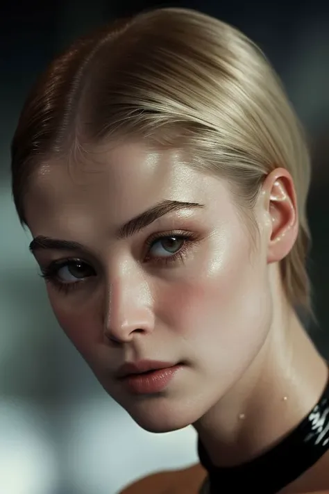 (closeup:1.0) photo of (CR-RosamundPik3-frankyfrank2k:0.95) as (young:1.0) woman, (oiled shiny skin:1.0), (tilted angle shot:1.0), (tilted head pose:1.0), (slick undercut:1.0) hair,
(8k uhd:1.0), (best quality:1.0), (masterpiece:1.0), (sharp focus:1.0), (mono color backdrop:1.0),