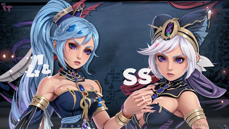 <lora:hyrulewarriors_cia-10:0.8> hwcia, white hair, (dark skin, dark-skinned female:1.25), purple eyes, asymmetrical clothes, center opening, jewelry, cleavage, (mask, plague doctor mask:1.15), asymmetrical clothes, center opening, jewelry, cleavage, BREAK,
<lora:hwlana-nvwls-v1:0.8> hwLana, 1girl, pale skin, (blue hair, side ponytail:1.15), hair ornament, necklace, white capelet, detached sleeves, bare shoulder, blue crop top, midriff, harness, belt, white skirt, BREAK,
<lora:SSBUVSScreen:1> (IncrsSSBUVS:1.15), VS., english text, fighting stance