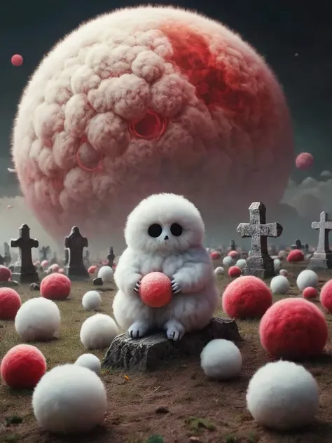 ral-flufblz, a fluffy graveyard with a cotton ball blood moon rising in the background, mysterious fluffy people holding a colorful mass,composition, low-saturation, muted, lowkey, faint, <lora:ral-flufblz:.8>