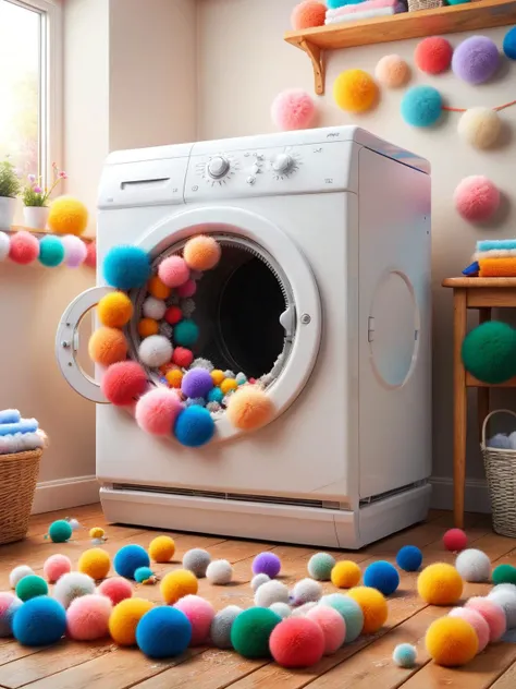 A tumble dryer overflowing with lint colored ral-flufblz, the result of not cleaning the filter. In a well decorated room <lora:ral-flufblz-sdxl:1>, <lora:EnvyBetterHiresFixXL01:0:hr=1>