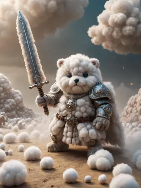 action scene, ral-flufblz,a fluffy knight wielding a dangerous legendary sword made out of fluffy fur cutting trough most dangerous cotton ball monsters, epic furred battlefield, warzone background, no plushy left behind, cotton ball clouds, composition, low-saturation, muted, lowkey, faint, <lora:ral-flufblz:.8>