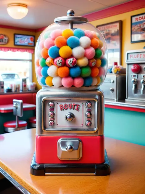 A gumball machine filled with ral-flufblz, on the counter of a Route 66 diner <lora:ral-flufblz-sdxl:1>, <lora:EnvyBetterHiresFixXL01:0:hr=1>