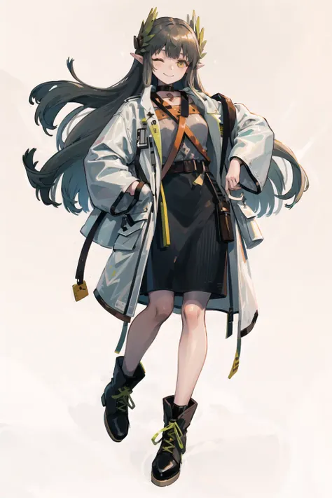 mumu, 1girl, solo, one eye closed, white background, full body, simple background, coat, skirt, long sleeves, boots, black footwear, open clothes, open coat, black skirt, looking at viewer, white coat, smile <lora:muelsyse-000008:1>