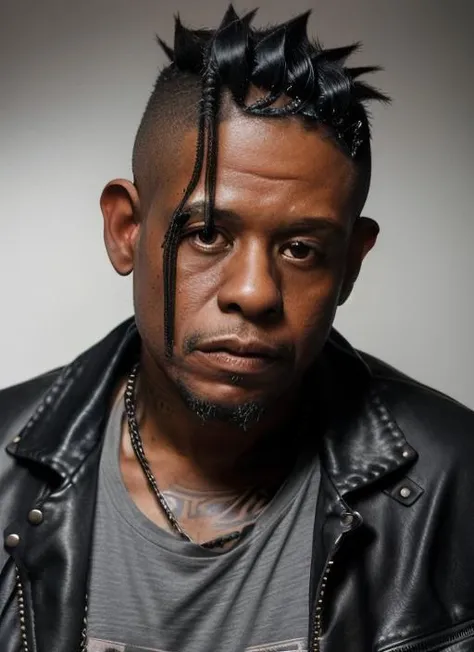 portrait of fw1, man in Punk Rebel: Leather Jacket, Ripped Jeans, Band T-Shirt, Doc Martens Boots, Mohawk Hairstyle epic (photo, studio lighting, hard light, sony a7, 50 mm, matte skin, pores, colors, hyperdetailed, hyperrealistic), <lora:ForestWhitaker:1>