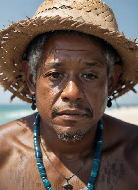 portrait of fw1, man in Shipwreck survivor: Torn shirt, ragged shorts, tattered straw hat, beaded necklace, barefoot epic (photo, studio lighting, hard light, sony a7, 50 mm, matte skin, pores, colors, hyperdetailed, hyperrealistic), <lora:ForestWhitaker:1>