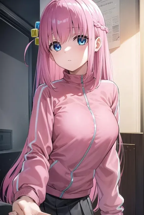 hitorigotou, <lora:hitorigotou-lora-nochekaiser:1>,
hitori gotou, blue eyes, cube hair ornament, hair between eyes, hair ornament, pink hair, one side up, long hair,
BREAK black skirt, jacket, long sleeves, pants, pants under skirt, (pink jacket:1.5), pink pants, pleated skirt, skirt, track jacket, track pants, track suit,
BREAK indoors, classroom,
BREAK looking at viewer, (cowboy shot:1.5),
BREAK <lyco:GoodHands-beta2:1>, (masterpiece:1.2), best quality, high resolution, unity 8k wallpaper, (illustration:0.8), (beautiful detailed eyes:1.6), extremely detailed face, perfect lighting, extremely detailed CG, (perfect hands, perfect anatomy),