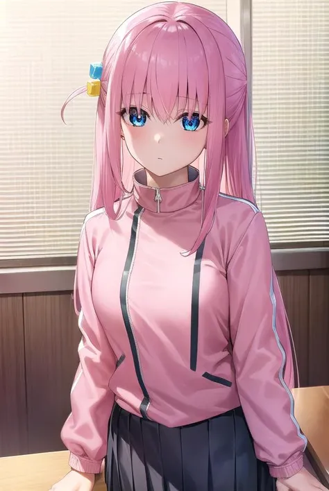 hitorigotou, <lora:hitorigotou-lora-nochekaiser:1>,
hitori gotou, blue eyes, cube hair ornament, hair between eyes, hair ornament, pink hair, one side up, long hair,
BREAK black skirt, jacket, long sleeves, pants, pants under skirt, (pink jacket:1.5), pink pants, pleated skirt, skirt, track jacket, track pants, track suit,
BREAK indoors, classroom,
BREAK looking at viewer, (cowboy shot:1.5),
BREAK <lyco:GoodHands-beta2:1>, (masterpiece:1.2), best quality, high resolution, unity 8k wallpaper, (illustration:0.8), (beautiful detailed eyes:1.6), extremely detailed face, perfect lighting, extremely detailed CG, (perfect hands, perfect anatomy),