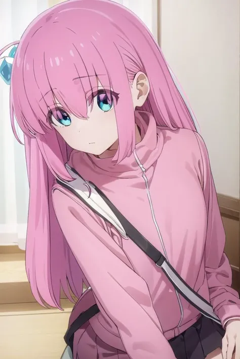 ((masterpiece,Highest quality:1.3,best quality illustration)),cowboy shot,solo,1woman,(Mature Beauty),pink hair,straight long hair,bangs,light blue eyes,(gorgeous eyes),((very small head:1.3)),shy,((very long body:1.2,skinny)),small breasts,((Pink baseball jacket、Navy blue pleated mini skirt)),gleaming skin,oily skin,slender body,sweat,standing,Simple bed、Simple hotel bedroom、nsfw,