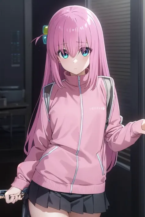 hitorigotou, <lora:hitori gotou s1-lora-nochekaiser:1>,
hitori gotou, blue eyes, cube hair ornament, hair between eyes, hair ornament, pink hair, one side up, long hair,
BREAK black skirt, jacket, long sleeves, pants, pants under skirt, (pink jacket:1.5), pink pants, pleated skirt, skirt, track jacket, track pants, track suit,
BREAK indoors, classroom,
BREAK looking at viewer, (cowboy shot:1.5),
BREAK <lyco:GoodHands-beta2:1>, (masterpiece:1.2), best quality, high resolution, unity 8k wallpaper, (illustration:0.8), (beautiful detailed eyes:1.6), extremely detailed face, perfect lighting, extremely detailed CG, (perfect hands, perfect anatomy),