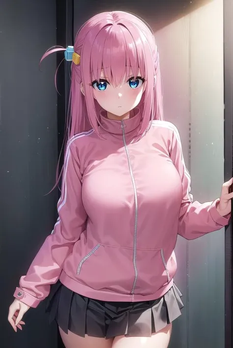 hitorigotou, <lora:hitorigotou-lora-nochekaiser:1>,
hitori gotou, blue eyes, cube hair ornament, hair between eyes, hair ornament, pink hair, one side up, long hair,
BREAK black skirt, jacket, long sleeves, pants, pants under skirt, (pink jacket:1.5), pink pants, pleated skirt, skirt, track jacket, track pants, track suit,
BREAK indoors, classroom,
BREAK looking at viewer, (cowboy shot:1.5),
BREAK <lyco:GoodHands-beta2:1>, (masterpiece:1.2), best quality, high resolution, unity 8k wallpaper, (illustration:0.8), (beautiful detailed eyes:1.6), extremely detailed face, perfect lighting, extremely detailed CG, (perfect hands, perfect anatomy),
