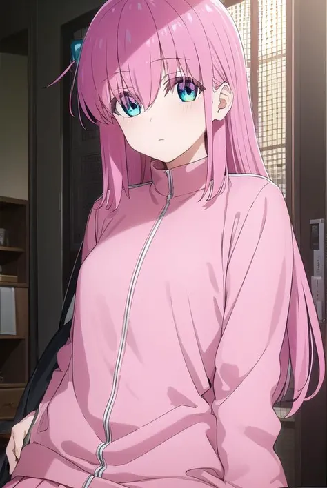 hitorigotou, <lora:hitori gotou s1-lora-nochekaiser:1>, 
hitori gotou, blue eyes, cube hair ornament, hair between eyes, hair ornament, pink hair, one side up, long hair,
BREAK black skirt, jacket, long sleeves, pants, pants under skirt, (pink jacket:1.5), pink pants, pleated skirt, skirt, track jacket, track pants, track suit,
BREAK indoors, classroom,
BREAK looking at viewer, (cowboy shot:1.5),
BREAK <lyco:GoodHands-beta2:1>, (masterpiece:1.2), best quality, high resolution, unity 8k wallpaper, (illustration:0.8), (beautiful detailed eyes:1.6), extremely detailed face, perfect lighting, extremely detailed CG, (perfect hands, perfect anatomy),