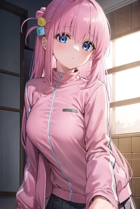 hitorigotou, <lora:hitorigotou-lora-nochekaiser:1>,
hitori gotou, blue eyes, cube hair ornament, hair between eyes, hair ornament, pink hair, one side up, long hair,
BREAK black skirt, jacket, long sleeves, pants, pants under skirt, (pink jacket:1.5), pink pants, pleated skirt, skirt, track jacket, track pants, track suit,
BREAK indoors, classroom,
BREAK looking at viewer, (cowboy shot:1.5),
BREAK <lyco:GoodHands-beta2:1>, (masterpiece:1.2), best quality, high resolution, unity 8k wallpaper, (illustration:0.8), (beautiful detailed eyes:1.6), extremely detailed face, perfect lighting, extremely detailed CG, (perfect hands, perfect anatomy),
