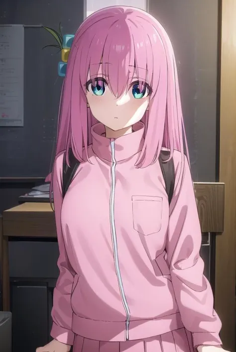 hitorigotou, <lora:hitori gotou s1-lora-nochekaiser:1>,
hitori gotou, blue eyes, cube hair ornament, hair between eyes, hair ornament, pink hair, one side up, long hair,
BREAK black skirt, jacket, long sleeves, pants, pants under skirt, (pink jacket:1.5), pink pants, pleated skirt, skirt, track jacket, track pants, track suit,
BREAK indoors, classroom,
BREAK looking at viewer, (cowboy shot:1.5),
BREAK <lyco:GoodHands-beta2:1>, (masterpiece:1.2), best quality, high resolution, unity 8k wallpaper, (illustration:0.8), (beautiful detailed eyes:1.6), extremely detailed face, perfect lighting, extremely detailed CG, (perfect hands, perfect anatomy),