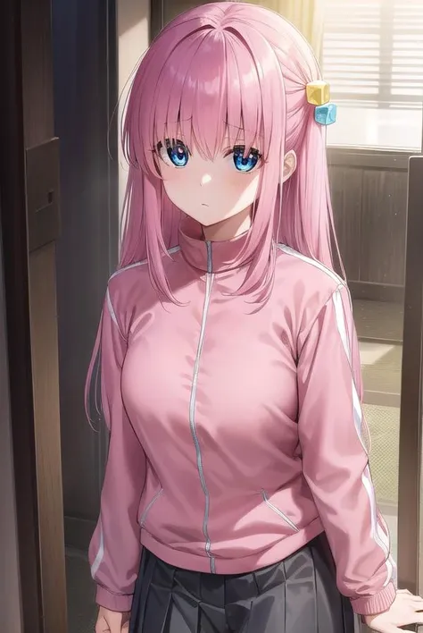 hitorigotou, <lora:hitorigotou-lora-nochekaiser:1>,
hitori gotou, blue eyes, cube hair ornament, hair between eyes, hair ornament, pink hair, one side up, long hair,
BREAK black skirt, jacket, long sleeves, pants, pants under skirt, (pink jacket:1.5), pink pants, pleated skirt, skirt, track jacket, track pants, track suit,
BREAK indoors, classroom,
BREAK looking at viewer, (cowboy shot:1.5),
BREAK <lyco:GoodHands-beta2:1>, (masterpiece:1.2), best quality, high resolution, unity 8k wallpaper, (illustration:0.8), (beautiful detailed eyes:1.6), extremely detailed face, perfect lighting, extremely detailed CG, (perfect hands, perfect anatomy),