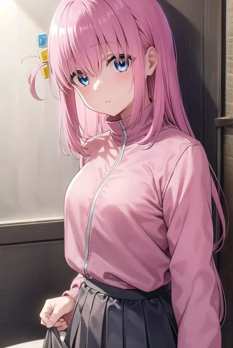 hitorigotou, <lora:hitorigotou-lora-nochekaiser:1>,
hitori gotou, blue eyes, cube hair ornament, hair between eyes, hair ornament, pink hair, one side up, long hair,
BREAK black skirt, jacket, long sleeves, pants, pants under skirt, (pink jacket:1.5), pink pants, pleated skirt, skirt, track jacket, track pants, track suit,
BREAK indoors, classroom,
BREAK looking at viewer, (cowboy shot:1.5),
BREAK <lyco:GoodHands-beta2:1>, (masterpiece:1.2), best quality, high resolution, unity 8k wallpaper, (illustration:0.8), (beautiful detailed eyes:1.6), extremely detailed face, perfect lighting, extremely detailed CG, (perfect hands, perfect anatomy),