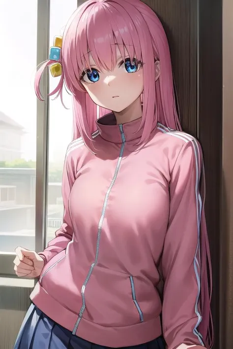 hitorigotou, <lora:hitorigotou-lora-nochekaiser:1>,
hitori gotou, blue eyes, cube hair ornament, hair between eyes, hair ornament, pink hair, one side up, long hair,
BREAK black skirt, jacket, long sleeves, pants, pants under skirt, (pink jacket:1.5), pink pants, pleated skirt, skirt, track jacket, track pants, track suit,
BREAK indoors, classroom,
BREAK looking at viewer, (cowboy shot:1.5),
BREAK <lyco:GoodHands-beta2:1>, (masterpiece:1.2), best quality, high resolution, unity 8k wallpaper, (illustration:0.8), (beautiful detailed eyes:1.6), extremely detailed face, perfect lighting, extremely detailed CG, (perfect hands, perfect anatomy),