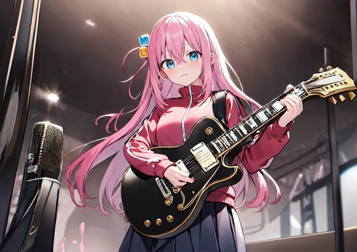 (masterpiece:1.2),best quality, highres, bright background,amusement park,advertise,poster,
hitori gotou, blue eyes, cube hair ornament, hair between eyes, hair ornament, pink hair, one side up, long hair,black skirt, jacket, long sleeves, pants, pants under skirt, pink jacket, pink pants, pleated skirt, skirt, track jacket, track pants, track suit, <lora:hitorigotoutest:1.0>, standing, closed mouth, Upturned lips, big eyes, (carrying a guitar on back:1.2), look at viewer,
(Fantasy style), wide shot, (carry a guitar), sunlight, live stage, blurry background