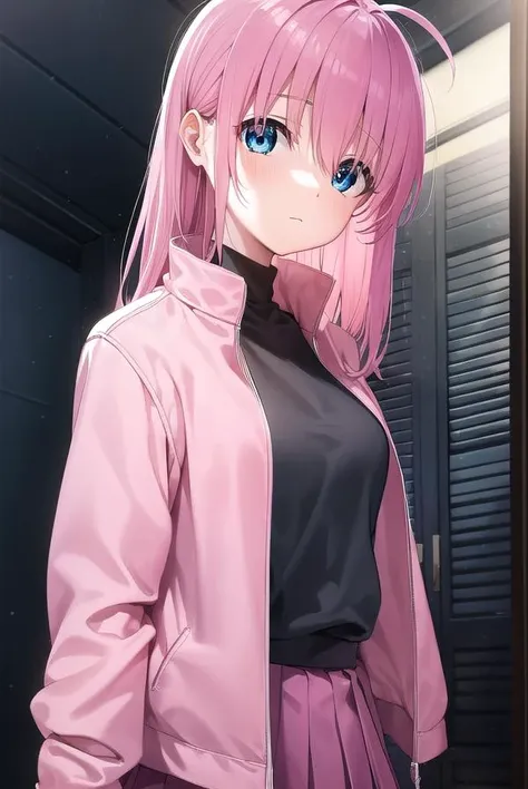 hitorigotou, <lora:hitorigotou-lora-nochekaiser:1>, 
hitori gotou, blue eyes, cube hair ornament, hair between eyes, hair ornament, pink hair, one side up, long hair,
BREAK black skirt, jacket, long sleeves, pants, pants under skirt, (pink jacket:1.5), pink pants, pleated skirt, skirt, track jacket, track pants, track suit,
BREAK indoors, classroom,
BREAK looking at viewer, (cowboy shot:1.5),
BREAK <lyco:GoodHands-beta2:1>, (masterpiece:1.2), best quality, high resolution, unity 8k wallpaper, (illustration:0.8), (beautiful detailed eyes:1.6), extremely detailed face, perfect lighting, extremely detailed CG, (perfect hands, perfect anatomy),