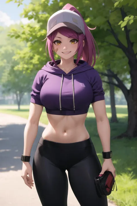 (best quality), outdoors, park, tree, grass, 1girl, solo, LeahAirisubaka, bandaid on cheek, short hair, ponytail, large breasts, <lora:LeahAirisubaka_V2-Manityro-dadapt:1>, toned, smile, blush, looking at viewer, baseball cap, purple hoodie, cropped hoodie, midriff, sleeves rolled up, short sleeves, wristband, yoga pants, boots, black footwear, cowboy shot,