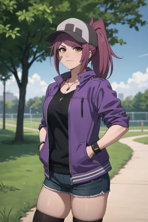 (best quality), outdoors, park, tree, grass, 1girl, solo, LeahAirisubaka, bandaid on cheek, short hair, ponytail, large breasts, <lora:LeahAirisubaka_V2-Manityro-dadapt:1>, toned, serious, looking at viewer, baseball cap, purple jacket, biker jacket, necklace, short sleeves, collarbone, wristband, shorts, black thighhighs, cowboy shot, hands in pockets, motor vehicle, motorcycle, motorbike