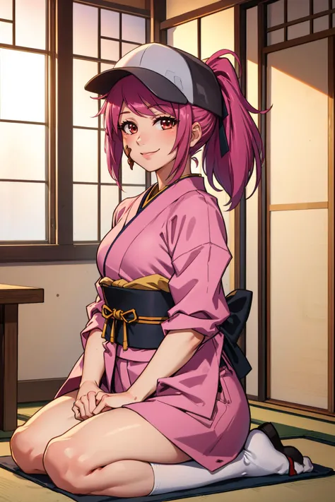 masterpiece, best quality, LeahAirisubaka, ponytail, baseball cap, toned, pink kimono, seiza, looking at viewer, japanese architecture, smile, indoors, paper doors <lora:LeahAirisubaka_V1-Manityro-Dadapt:1>