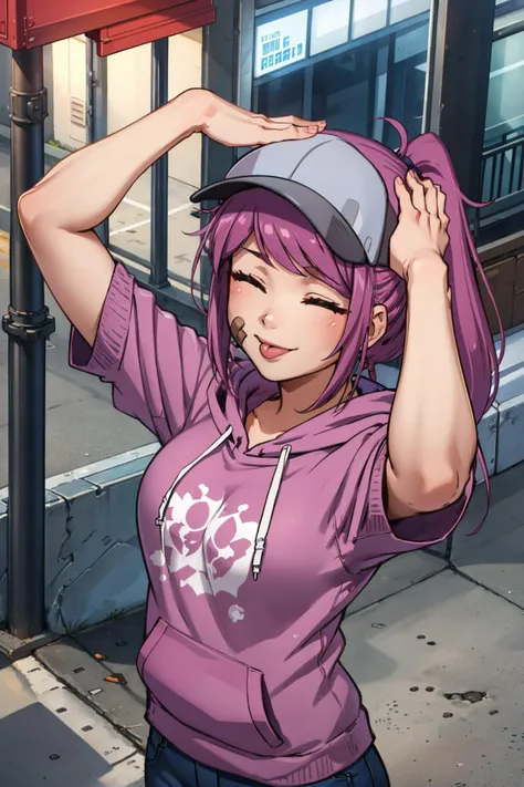 masterpiece, best quality, LeahAirisubaka, ponytail, baseball cap, toned, city street, looking at viewer, smile, purple hoodie, <lora:LeahAirisubaka_V1-Manityro-Dadapt:1> <lora:ahetobleh-nvwls-v1-final:0.7> ahetobleh, from above, hands on own head, closed eyes, tongue, solo