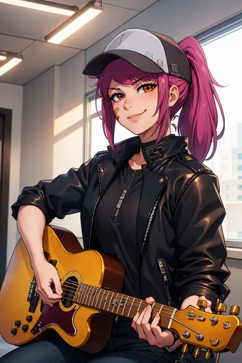 masterpiece, best quality, LeahAirisubaka, ponytail, baseball cap, toned, city street, looking at viewer, smile, leather jacket, black shirt, black pants, playing guitar, furrowed brow, smirk, indoors, electric guitar <lora:LeahAirisubaka_V1-Manityro-Dadapt:1>