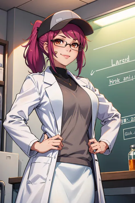 masterpiece, best quality, LeahAirisubaka, ponytail, baseball cap, toned, labcoat, white shirt, white skirt, laboratory, looking at viewer, smile, glasses <lora:LeahAirisubaka_V1-Manityro-Dadapt:1>