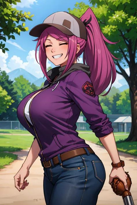 masterpiece, best quality,   <lora:LeahAirisubaka_V2-Manityro-dadapt:1> LeahAirisubaka, ponytail, baseball cap, toned, huge breasts, looking at viewer, grin, closed eyes, cowboy shot, park, trees