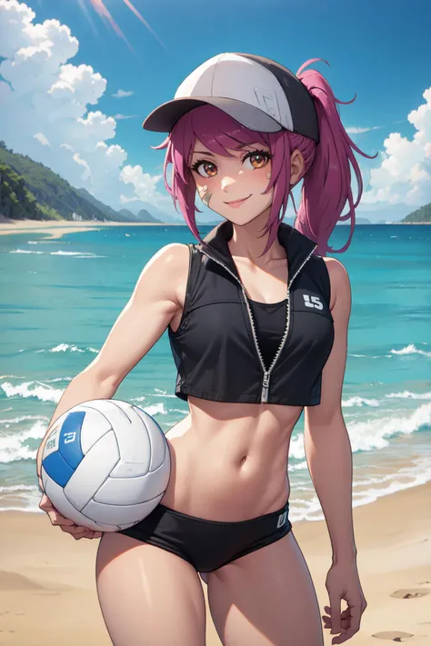 (masterpiece, best quality), outdoors, beach, ocean, cowboy shot, 1girl, solo, LeahAirisubaka, low ponytail, cheek bandaid,  <lora:LeahAirisubaka_V1-Manityro-Dadapt:1>, toned, smile, looking at viewer, [baseball] cap, hand on headwear, hand on side, holding volleyball, collarbone, black vest, cropped vest, midriff, crop top, bikini bottom only,