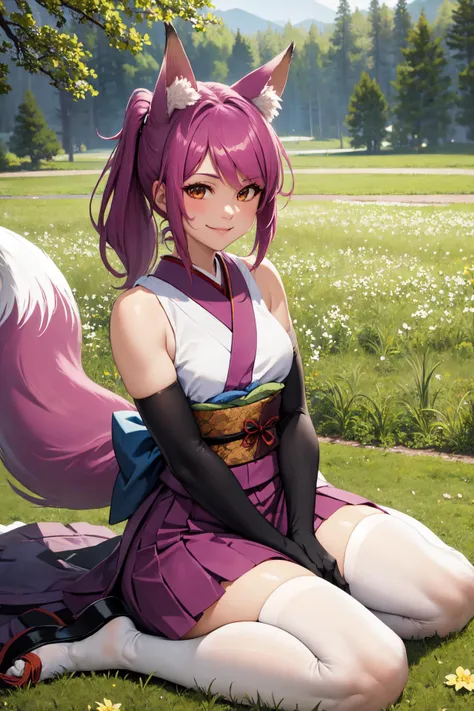 (masterpiece, best quality), outdoors, spring, spring field, 1girl, solo, LeahAirisubaka, low ponytail, <lora:LeahAirisubaka_V1-Manityro-Dadapt:1>, toned, smile, looking at viewer, fox tail, fox ears, skirt, sash, purple japanese clothes, bare shoulders, obi, elbow gloves, seiza