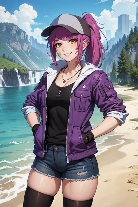 (masterpiece, best quality), outdoors, cliffside, cowboy shot, 1girl, solo, LeahAirisubaka, ponytail, cheek bandaid,  <lora:LeahAirisubaka_V1-Manityro-Dadapt:1>, toned, smile, looking at viewer, [baseball] cap, purple jacket, open jacket, fingerless gloves, black shirt, denim shorts, black leggings, zettai ryouiki,  [[cleavage]], necklace, shirt overhang, leaning on object, hand in pocket, hand at side