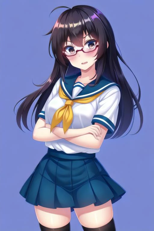 1girl,black_eyes,black_hair,blue_background,blue_skirt,blush,crossed_arms,glasses,long_hair,looking_at_viewer,neckerchief,open_mouth,pleated_skirt,red_neckerchief,school_uniform,beetle,shirt,short_sleeves,simple_background,skirt,solo,standing,white_shirt,yellow_background,yellow_shirt,yellow_theme,zettai_ryouiki,zipper,zipper_pull_tab,zoom_layer,layered_sleeves,long_sleeves,low-tied_long_hair,messy_hair,miniskirt,neck_ribbon,parted_lips,ribbon,sailor_collar