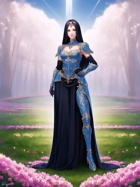 hyperrealistic full length portrait of gorgeous goddess | standing in field full of flowers | detailed gorgeous face! ! | full body! ! | skimpy armor | god rays | intricate | elegant | realistic | hyperrealistic | cinematic | character design | concept art | highly detailed | illustration | digital art | digital painting | depth of field