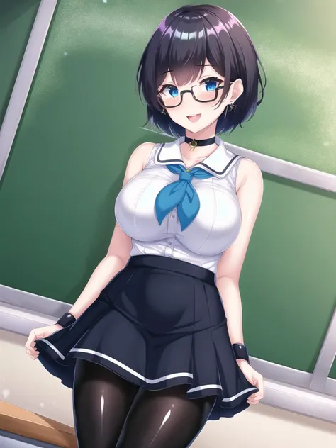 1girl, :d, arm_support, bangs, bare_arms, bare_shoulders, black_choker, black_hair, black_legwear, blue_eyes, blush, breasts, chalkboard, choker, classroom, cowboy_shot, cup, day, desk, earrings, eyebrows_visible_through_hair, glasses, glint, indoors, jewelry, large_breasts, latex, light_particles, looking_at_viewer, open_mouth, pantyhose, plant, potted_plant, school_desk, shiny, shiny_clothes, shiny_skin, shirt, short_hair, skin_tight, skirt, sleeveless, smile, snowing, solo, table, thighs, white_shirt, window