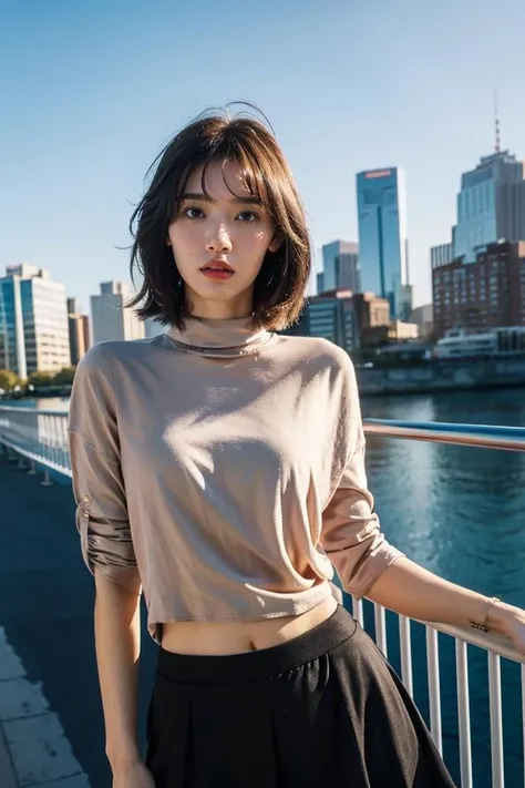 1girl,sexy pose,best quality,masterpiece,illustration,an extremely delicate and beautiful,CG,unity,8k wallpaper,Amazing,finely detail,masterpiece,official art,extremely detailed CG unity 8k wallpaper,incredibly absurdres,huge filesize,ultra-detailed,highres,extremely detailed,beautiful detailed girl,realistic,full frontal,outdoors,turtleneck shirt,skirt,light contrast,<lora:EnosawaManami_20230929200137:0.8>,