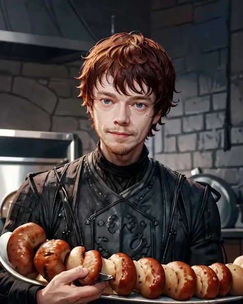 <lora:theongreyjoy:1>, theongreyjoy, black tunic, eating sausages, smile, happy, kitchen background, (upper body)