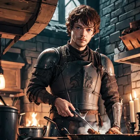 <lora:theongreyjoy:0.65>, theongreyjoy, cooking, holding fork, leather armor, castle interior, by night, closeup