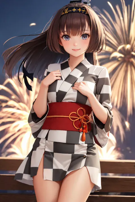 (masterpiece, best quality:1.2), cowboy shot, solo, 1girl, akizukiautumn, smile, looking at viewer, ahoge, ponytail, headband, checkered clothes, kimono, sash, fireworks <lora:kancolle_akizuki-12:1>