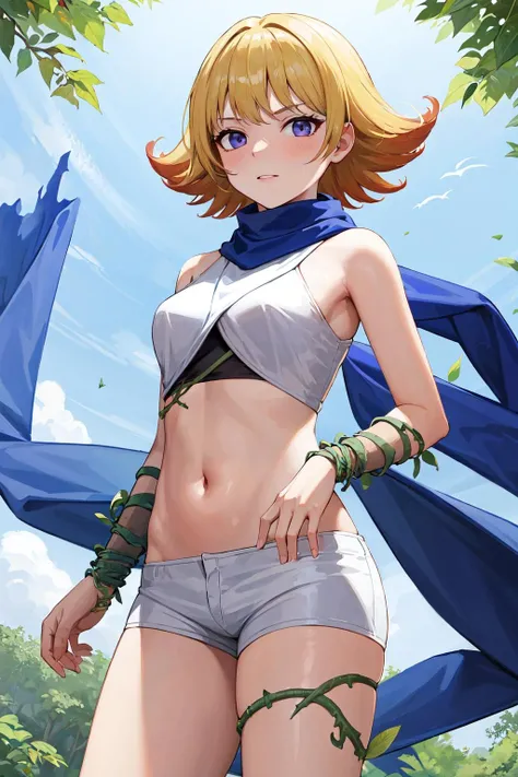 masterpiece, best quality, highres, aaphos, short hair, multicolored hair, blue scarf, bare shoulders, crop top, white shirt,  midriff, vines, white shorts, short shorts, <lora:phosphora_v1:0.7>, sitting, tree stump, smile, forest