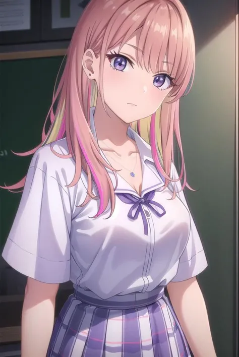 nikoruyamana, <lora:nikoru yamana s1-lora-nochekaiser:0.8>,
nikoru yamana, long hair, bangs, (purple eyes:1.1), pink hair, multicolored hair, two-tone hair, streaked hair, makeup,
BREAK skirt, shirt, jewelry, school uniform, collarbone, white shirt, short sleeves, pleated skirt, earrings, necklace, blue skirt, streaked hair, plaid, plaid skirt,
BREAK indoors, classroom,
BREAK looking at viewer, (cowboy shot:1.5),
BREAK <lyco:GoodHands-beta2:1>, (masterpiece:1.2), best quality, high resolution, unity 8k wallpaper, (illustration:0.8), (beautiful detailed eyes:1.6), extremely detailed face, perfect lighting, extremely detailed CG, (perfect hands, perfect anatomy),