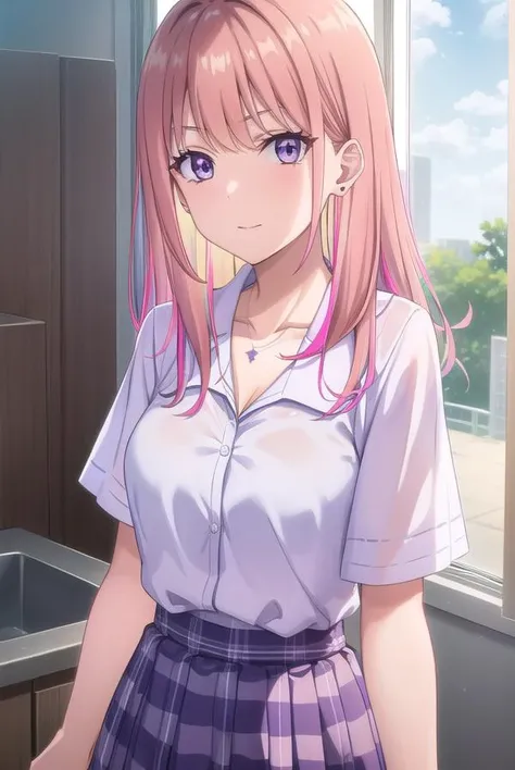 nikoruyamana, <lora:nikoru yamana s1-lora-nochekaiser:0.8>,
nikoru yamana, long hair, bangs, (purple eyes:1.1), pink hair, multicolored hair, two-tone hair, streaked hair, makeup,
BREAK skirt, shirt, jewelry, school uniform, collarbone, white shirt, short sleeves, pleated skirt, earrings, necklace, blue skirt, streaked hair, plaid, plaid skirt,
BREAK indoors, classroom,
BREAK looking at viewer, (cowboy shot:1.5),
BREAK <lyco:GoodHands-beta2:1>, (masterpiece:1.2), best quality, high resolution, unity 8k wallpaper, (illustration:0.8), (beautiful detailed eyes:1.6), extremely detailed face, perfect lighting, extremely detailed CG, (perfect hands, perfect anatomy),